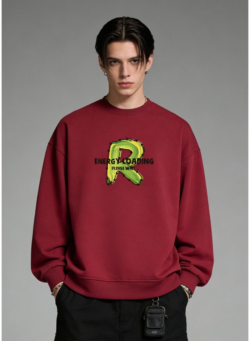 BM INS Burgundy "Graffiti Letter R" Oversized Crew Neck Sweatshirt | Unisex Pullover With "ENERGY LOADING" Slogan - Image 1